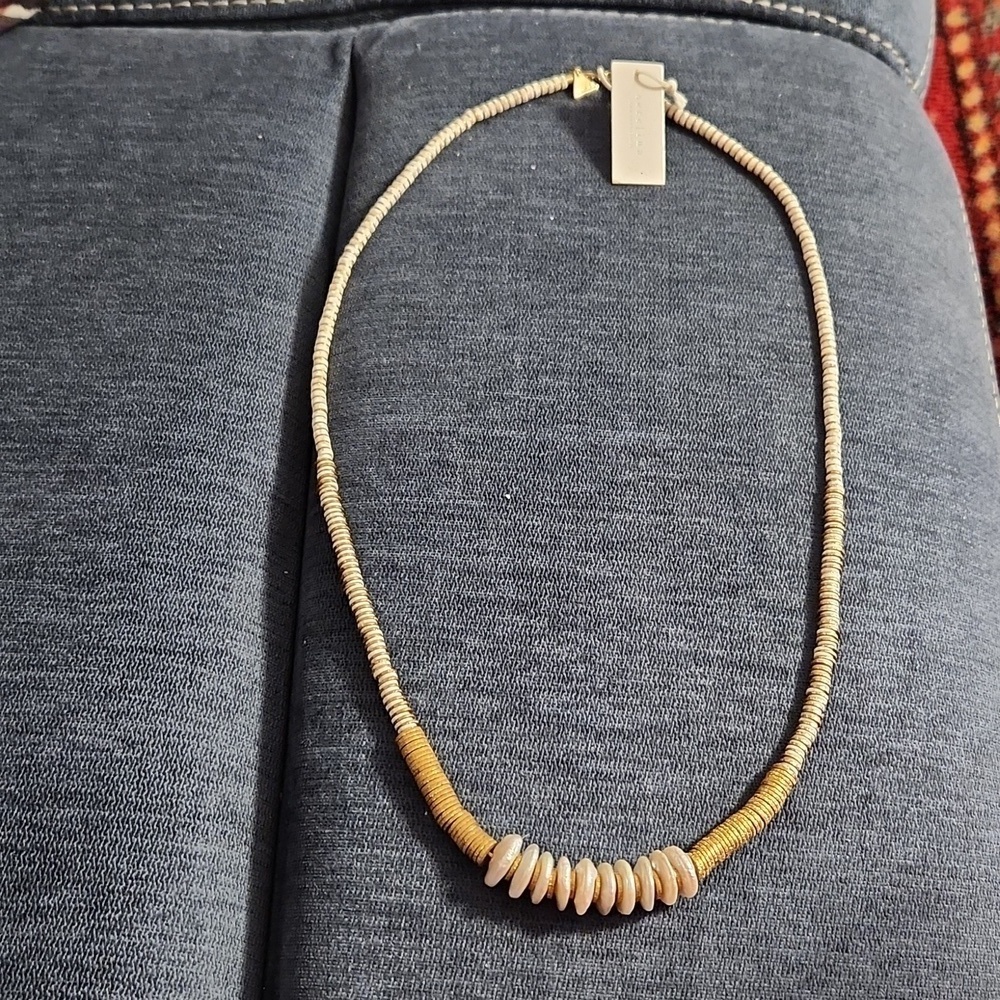 Serefina San Francisco genuine flat pearl and gold tone metal disc necklace